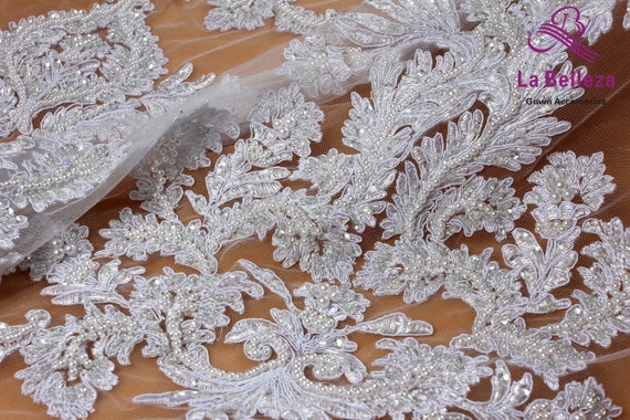 Heavy Beaded and Pearl Lace Embroidery Fabric Hand Made n Mesh Item # 720