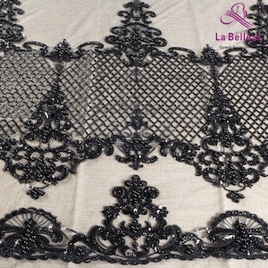 La Belleza Luxury beaded lace fabric, heavy beads pearls embroidery lace,gold beading lace,black lace,off white  wedding lace  by yard