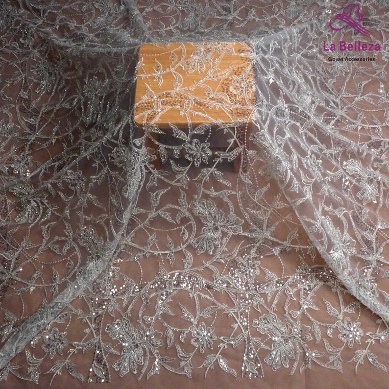 La Belleza new lace fabric,silver beaded lace,wedding dress lace fabric,beautiful quality lace,gown lace fabric by yard