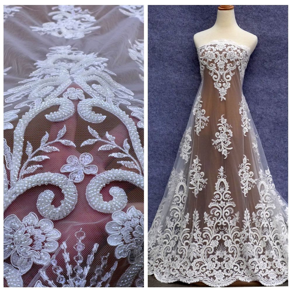 New Off white super heavy beading wedding dress lace fabric | Etsy