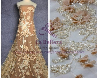 Ling beige/red/off white/pink handmade super heavy 3D flowers pearls evening/wedding dress lace fabric 51'' by yard LN1701