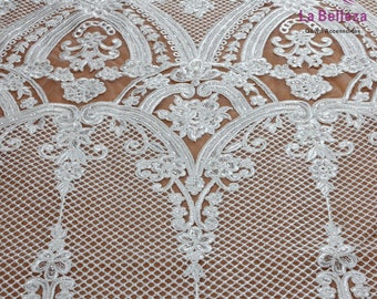 Ivory cord lace fabric, heavy embroidery lace fabric, wedding dress lace fabric, sequins lace fabric