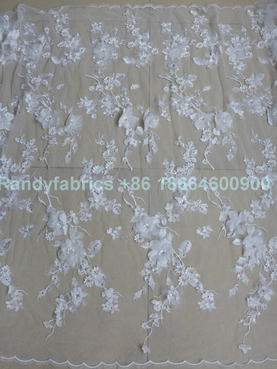 New off white Nudeyellow Hot fashion rhinestone 3D flowers on netting embroidered wedding evinging dress lace fabric