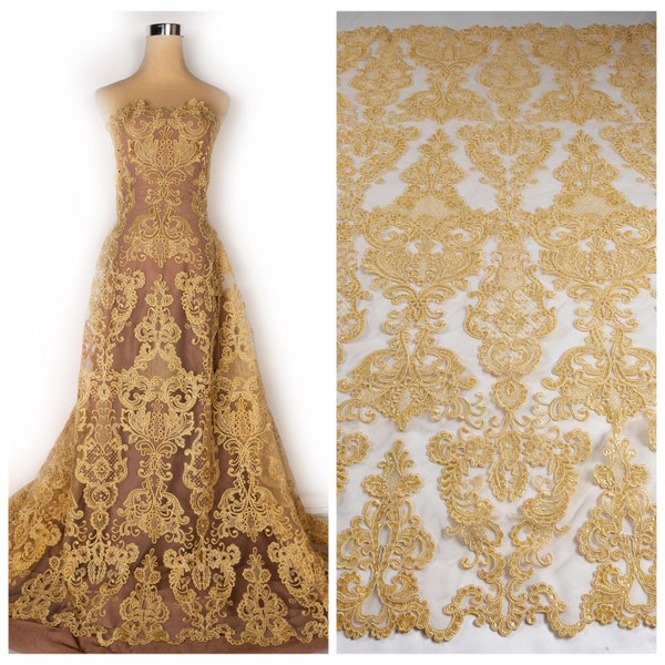 Popular gown lace fabric, gold, off white,black Wine cord lace fabric,sequins lace by yard