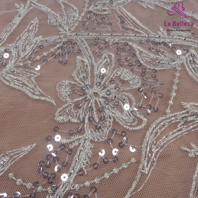La Belleza new lace fabric,silver beaded lace,wedding dress lace fabric,beautiful quality lace,gown lace fabric by yard