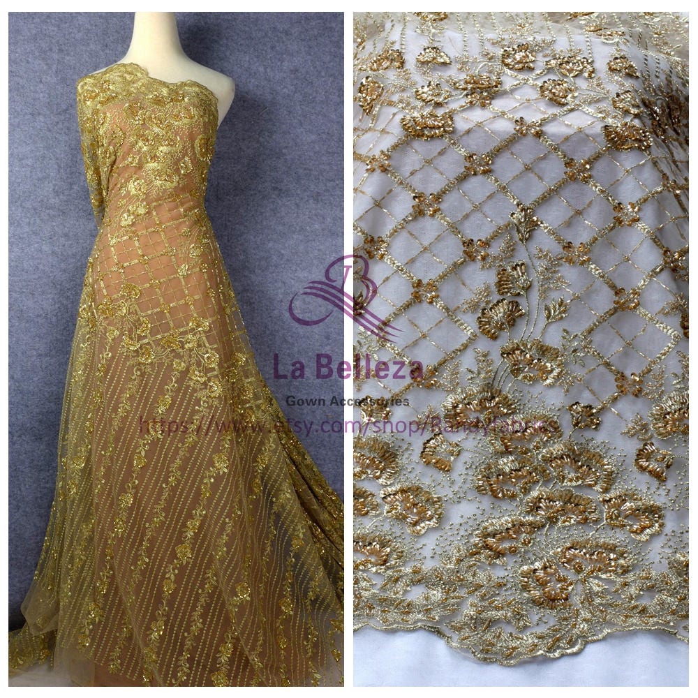 Gold heavy handmade beading lace fabric 125cm width | Etsy