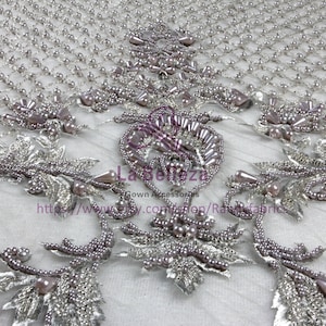 Handmade lace,beading lace fabric, Gray/ivory crystl pearls wedding/evenign dress fabric by yard