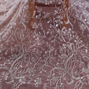 La Belleza new lace fabric,silver beaded fabric,Off white wedding dress lace fabric,beautiful beaded lace,Silver gown lace fabric by yard