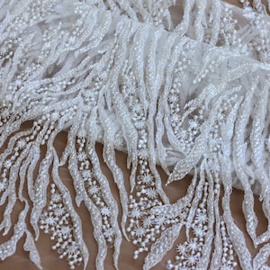 La Belleza new lace fabric,vory gown dress lace fabric,simple lines beaded lace,off white gown lace fabric by yard