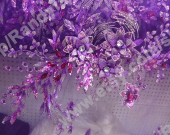 Purple 3D Flowers beaded sequins lace fabric For wedding dress stage clothing evening dress