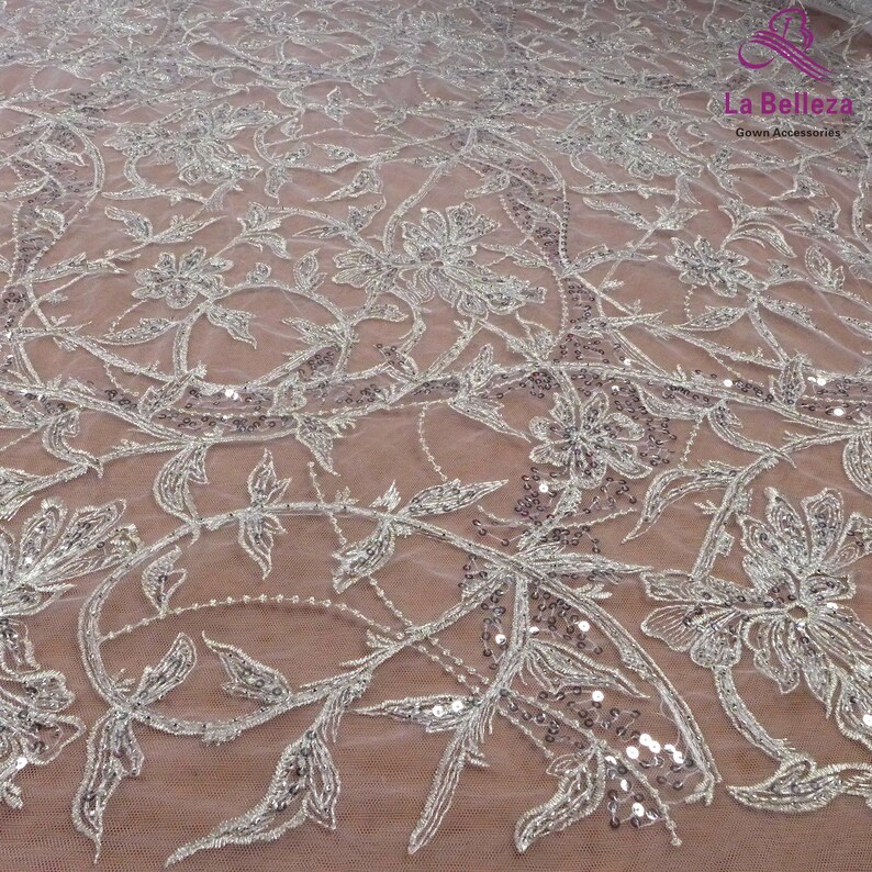 La Belleza new lace fabric,silver beaded lace,wedding dress lace fabric,beautiful quality lace,gown lace fabric by yard