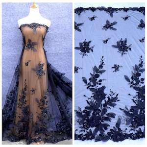 New hot fashion black/off white 3D chiffon flowers sequins on netting wedding/evening dress lace fabric 51'' width by yard