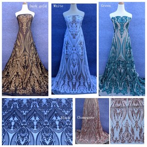 May include: A collage of six images showing different colors of sequined fabric with a damask pattern. The colors are dark gold, white, green, black, and champagne.