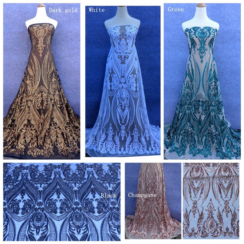 May include: A collage of six images showing different colors of sequined fabric with a damask pattern. The colors are dark gold, white, green, black, and champagne.