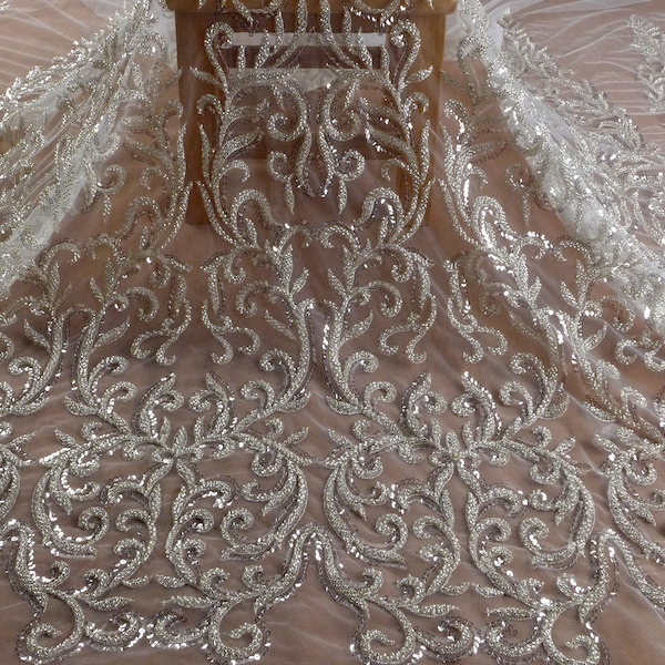 La Belleza lace fabric,silver beaded lace,long patterns,wedding dress lace fabric,beautiful lace,gown lace fabric by yard