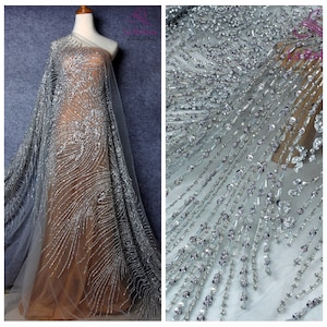 La Belleza Gris marfil pesado hecho a mano tela de encaje nupcial con cuentas cortada al tamaño 39" de ancho