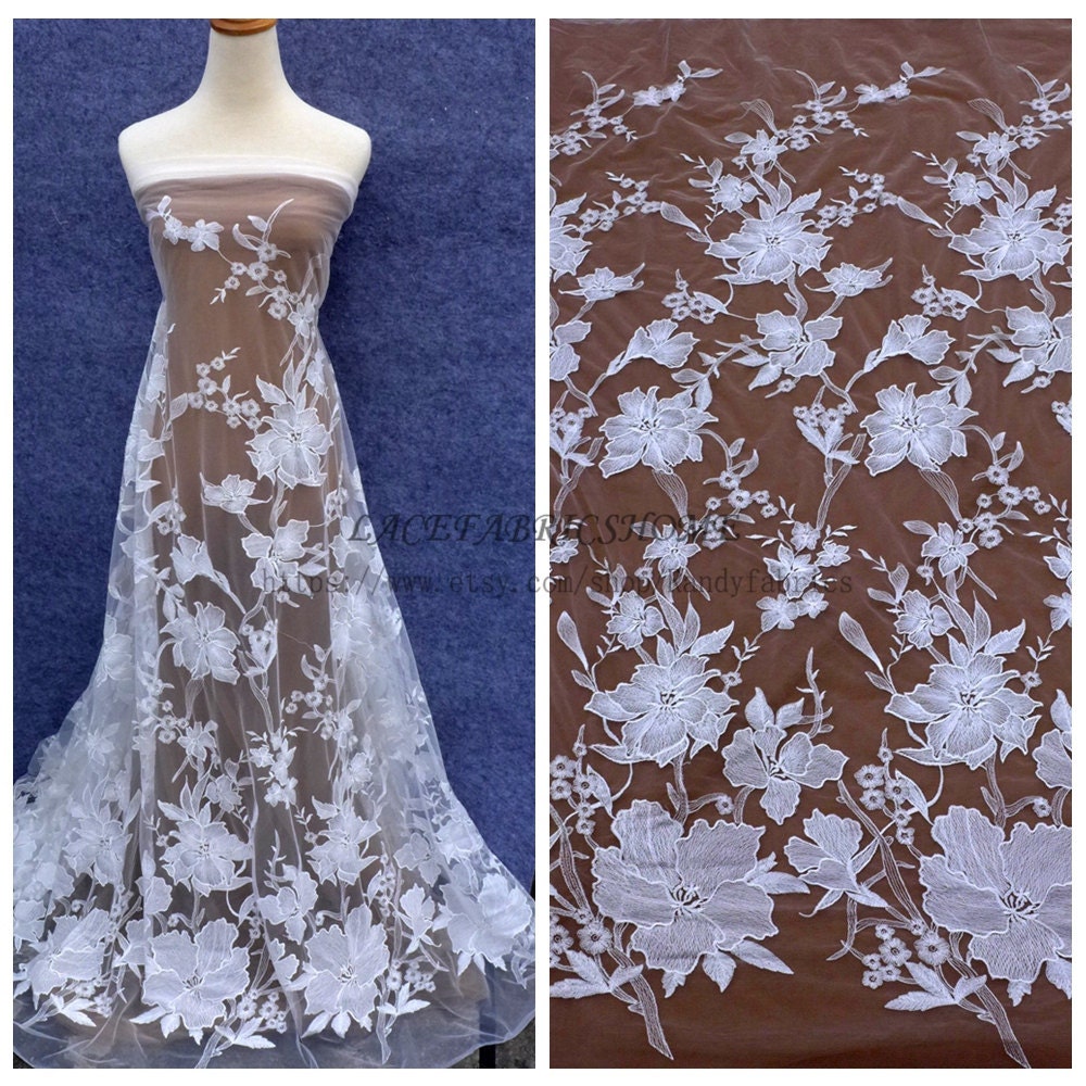 Off White Big Flowers Wedding Dress Lace Fabric by Yard | Etsy
