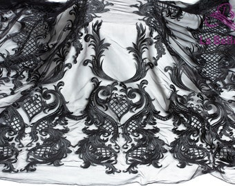 La Belleza tela de encaje negro, tela de encaje de novia, tela de encaje bordado, tela de encaje vestido de novia cortado a medida