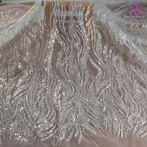 La Belleza Gold /white beaded fabric,Silver gown dress lace fabric,simple lines beaded lace,Silver gown lace fabric by yard