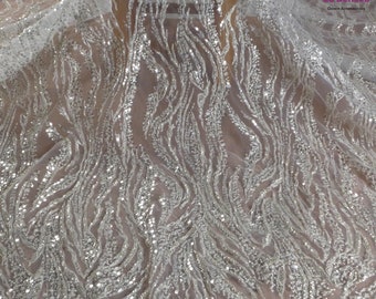 La Belleza Gold /white beaded fabric,Silver gown dress lace fabric,simple lines beaded lace,Silver gown lace fabric by yard