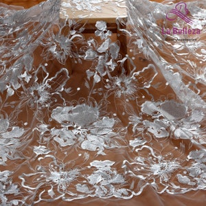 Polyester lace fabric,cord lace,sequins embroidery lace, off white wedding dress lace fabric by yard