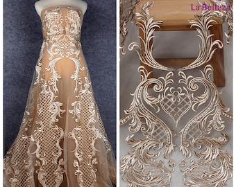 Encaje beige La Belleza, tela de encaje blanco Off, tela de encaje de novia, tela de encaje bordado, tela de encaje de vestido de novia cortada a medida