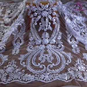 La  Belleza pure white lace fabric,new designer lace fabric,white sequins net embroidery lace fabric,large paterns lace by yard