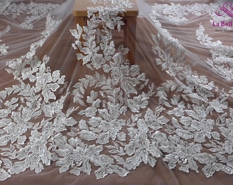 La Belleza lace fabric,off white heavy beaded lace,wedding dress lace fabric by yard