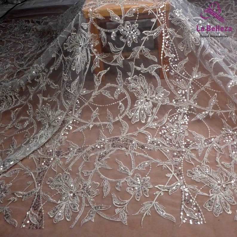 La Belleza new lace fabric,silver beaded lace,wedding dress lace fabric,beautiful quality lace,gown lace fabric by yard
