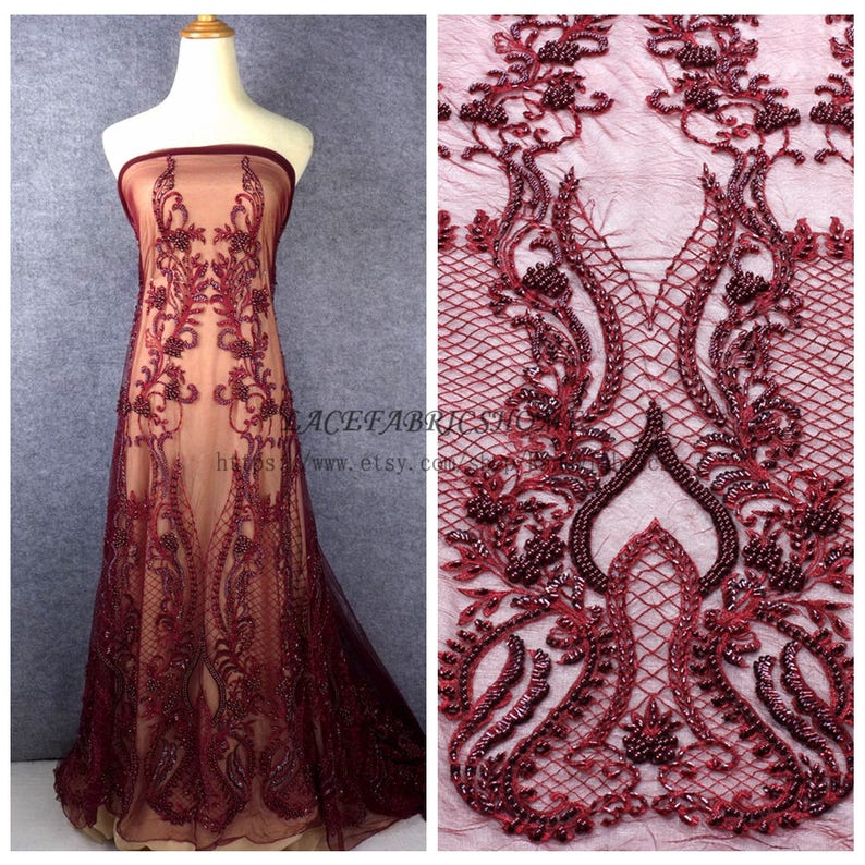 BlackwineivoryGold heavy handmade beaded bridel lace fabric 47/'/' width by yard JS161201