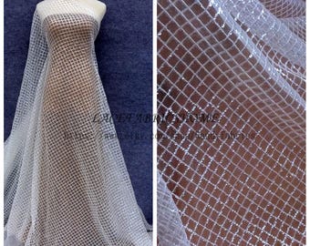 Sequined Mesh Lace Fabric, Off-White Embroidered Wedding Dress Material