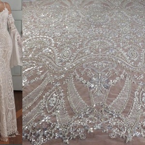 LB new special designer lace fabric, great wedding dress lace fabric,silver white  beaded gown lace fabric by yard