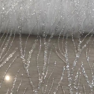 La Belleza Silver lace fabric, beaded fabric,ivory gown dress lace fabric,simple pattern beaded lace,sequins gown lace fabric by yard