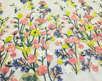 La Belleza beautiful mixed little flowers lace fabric,Mixed color on beige tulle embroidery lace fabric,can be cut as flowers lace trim
