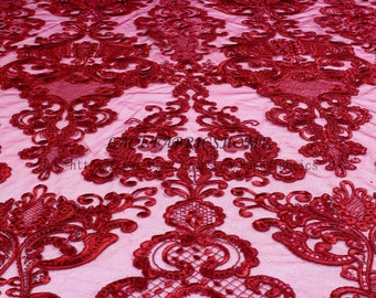 Wine Red Sequin Lace Fabric, Embroidered Mesh Dress Material