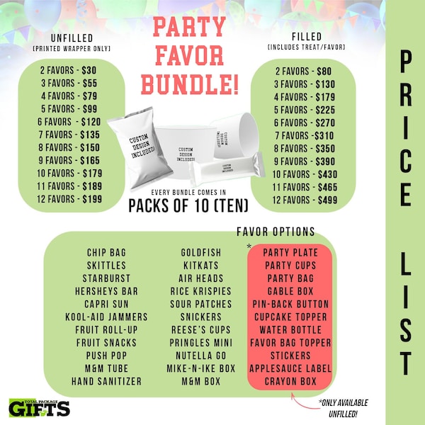 Party Favor Bundle | BEST for your BUDGET | Mix and Match Favors including chip bags, plates, labels, stickers, candy bar labels, boxes etc