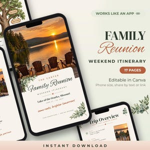 May include: A digital family reunion weekend itinerary template for mobile phones, featuring 17 pages editable in Canva. The design includes a sunset lake scene, eucalyptus graphics, and text reading Family Reunion, Lake of the Ozarks, Missouri.