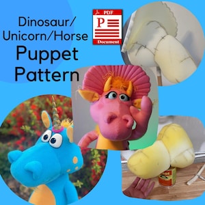 May include: A PDF pattern for making a dinosaur, unicorn, or horse puppet. The image shows three finished puppets, a pink dinosaur, a blue unicorn, and a yellow horse. The pattern is available for download.