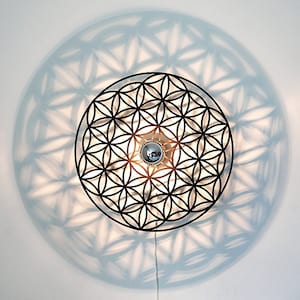 Könnte beinhalten: Eine schwarze Deckenleuchte aus Metall mit einem geometrischen Design, das an eine Blume des Lebens erinnert. Die Leuchte wirft einen Schatten auf die weiße Decke.