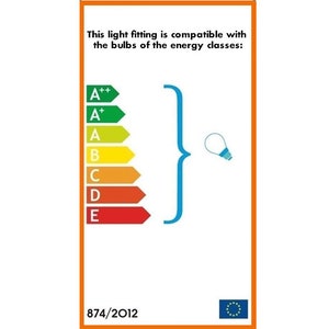 May include: A white label with blue text that reads "This light fitting is compatible with the bulbs of the energy classes:" and a blue and green energy efficiency rating chart with the letters A++, A+, A, B, C, D, and E. The chart is next to a blue outline of a light bulb. The label also includes the text "874/2012" and a blue circle with 12 yellow stars.