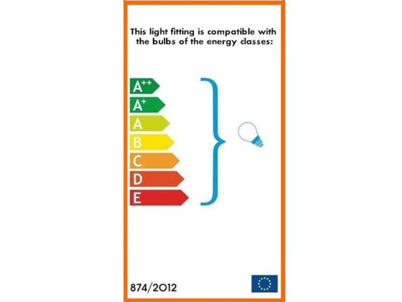 May include: A white label with blue text that reads "This light fitting is compatible with the bulbs of the energy classes:" and a blue and green energy efficiency rating chart with the letters A++, A+, A, B, C, D, and E. The chart is next to a blue outline of a light bulb. The label also includes the text "874/2012" and a blue circle with 12 yellow stars.