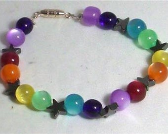 Chakra Rainbow Pagan catseye bracelet with Hematite pentacles