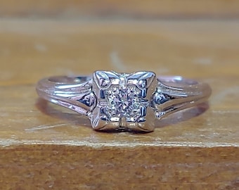 Art Deco .12ct Old European Cut Diamond Engagement Ring 14k White Gold Vintage Engagement Ring Antique Engagement Ring Art Deco Engagement