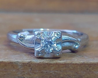 Vintage .20ct Old European Cut Diamond Engagement Ring Art Deco Engagement Ring Antique Engagement Ring 14k White Gold Unique Engagement