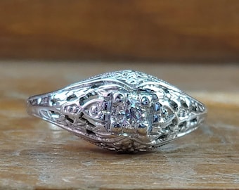 Art Deco .12ct Old Mine Cut Diamond Engagement Ring Vintage Engagement Ring Antique Engagement Ring Unique Engagement Ring 18k White Gold