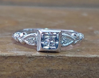 Vintage .07ct Diamond Engagement Ring 14k White Gold Antique Engagement Ring Unique Engagement Ring Art Deco Engagement Ring 1920's Ring