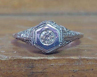 Vintage .15ct Diamond Engagement Ring 14k White Gold Engagement Ring Antique Engagement Ring Unique Engagement Ring Filigree Ring