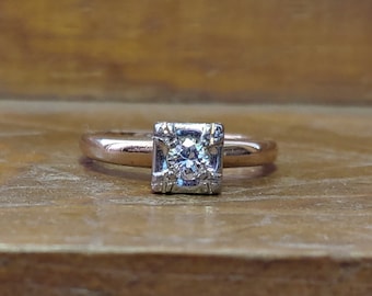 Vintage Engagement Ring .15ct Diamond Engagement Ring 14k Two Tone Gold Unique Engagement Ring Retro Diamond Ring Mid Century Engagement