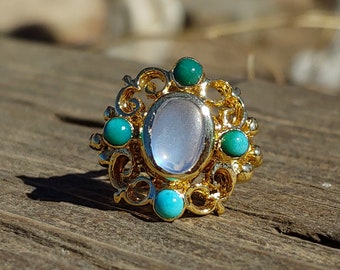 Vintage Moonstone Ring Turquoise Ring 9k Yellow Gold Unique Engagement Ring Bezel Set Engagement Ring Moonstone Ring Turquoise Ring