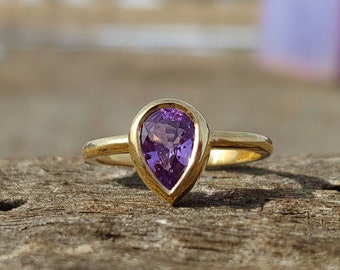 1.04ct Purple Sapphire Engagement Ring 22k Yellow Gold Unique Engagement Ring Pear Shape Unheated Untreated Natural Sapphire OOAK